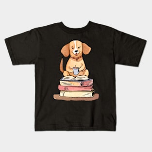 Cute Watercolor Books and Coffee and Dogs Kids T-Shirt